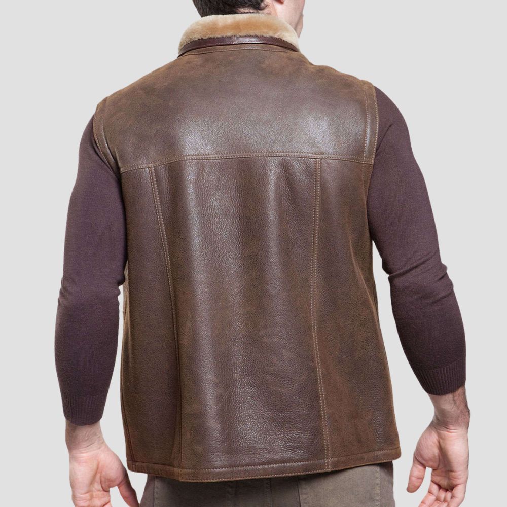 Stylish lambskin leather vest with shearling fur lining for streetwear fashion.