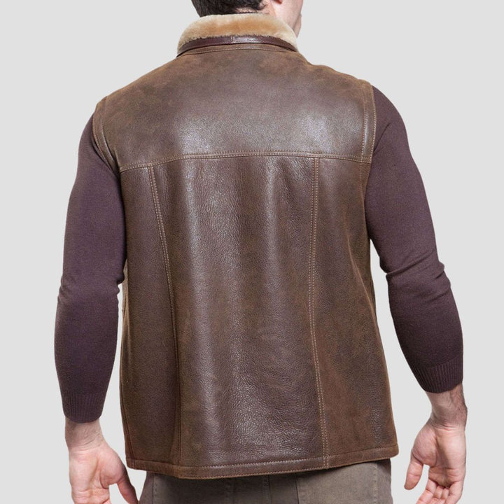 Stylish lambskin leather vest with shearling fur lining for streetwear fashion.