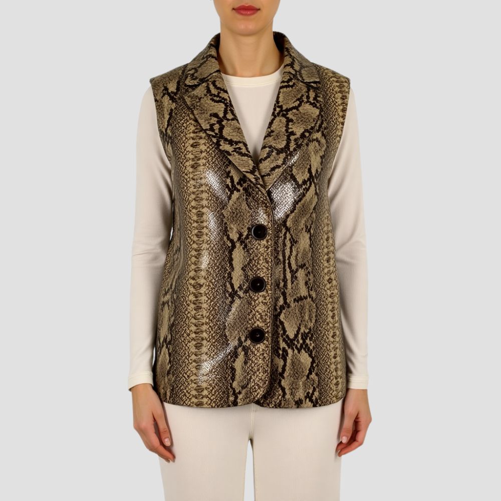 A fashion-forward snakeskin leather vest for girls, featuring a bold design that adds style and edge to any outfit.