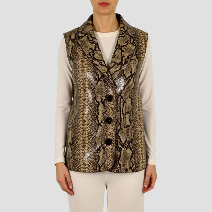 A fashion-forward snakeskin leather vest for girls, featuring a bold design that adds style and edge to any outfit.