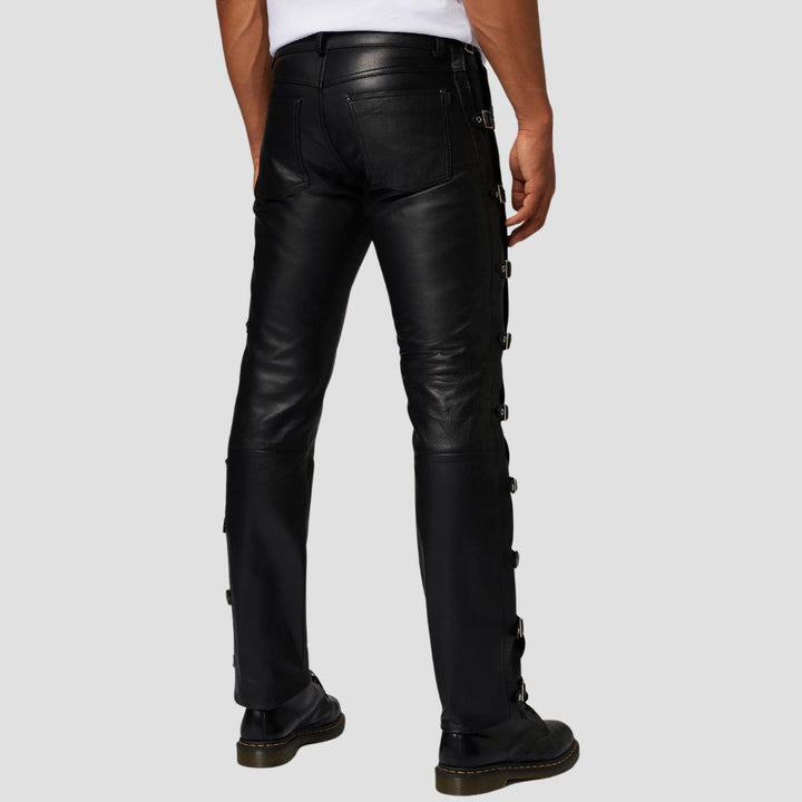Elevate your everyday wardrobe with these sleek black leather pants, designed for trendy, casual fashion.