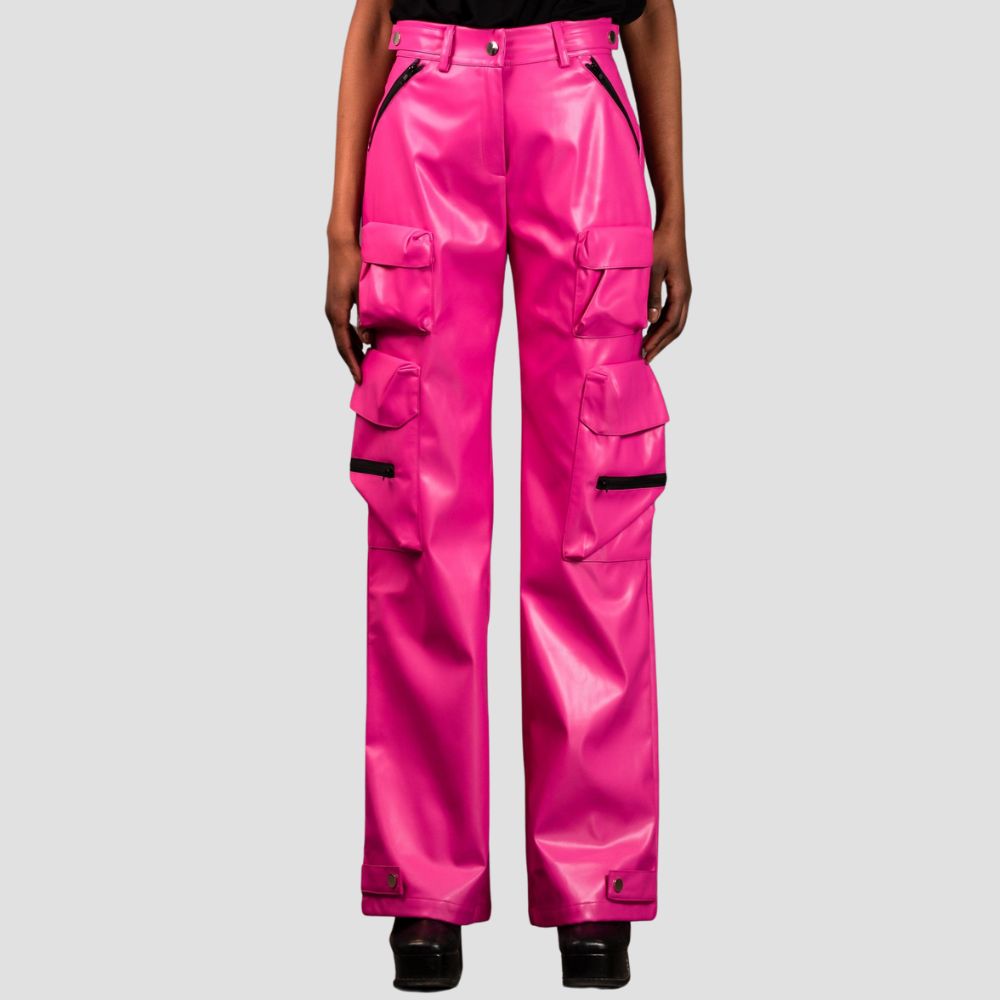 Effortlessly elevate your everyday outfits with these fashionable pink leather cargo pants for women.