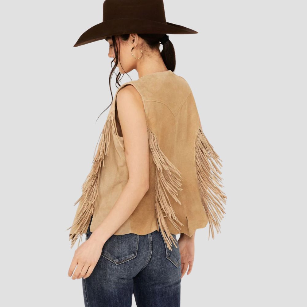 Fringe leather vest for women, designed with a rustic western vibe to elevate any outfit with bold and unique style.