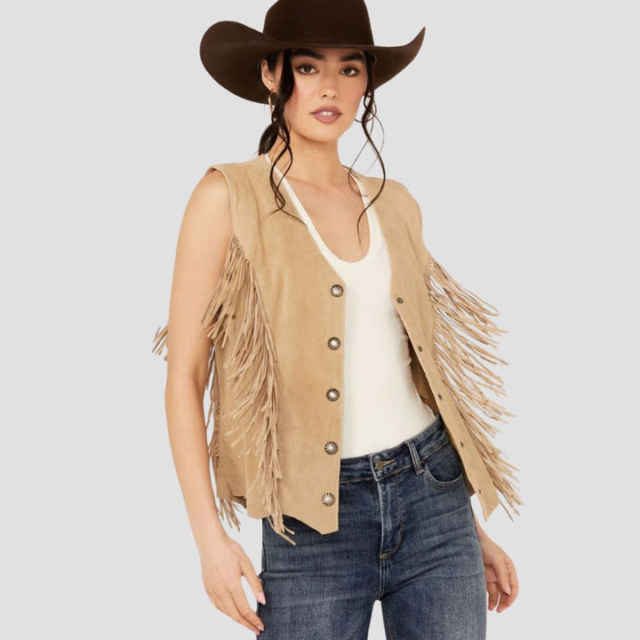 Rustic western fringe leather vest for women, providing a unique, timeless addition to your casual or cowgirl-inspired outfits.