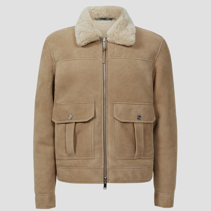 The perfect blend of rugged style and comfort, this men’s suede bomber jacket with curly fur lining is ideal for winter fashion.