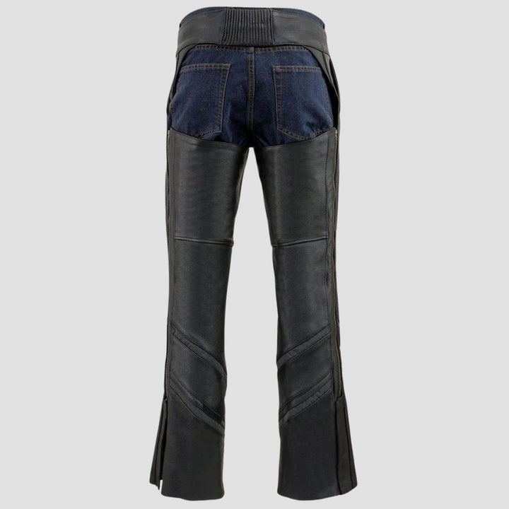 Premium black leather chaps with reinforced stitching for bikers