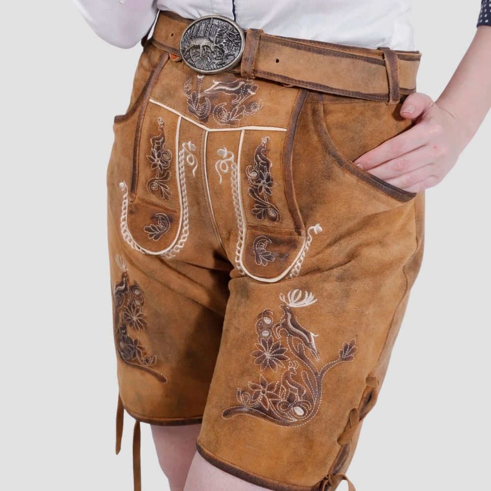 Achieve a flawless fit with these women’s authentic lederhosen, featuring side laces for adjustability. A blend of tradition and comfort for all-day wear.