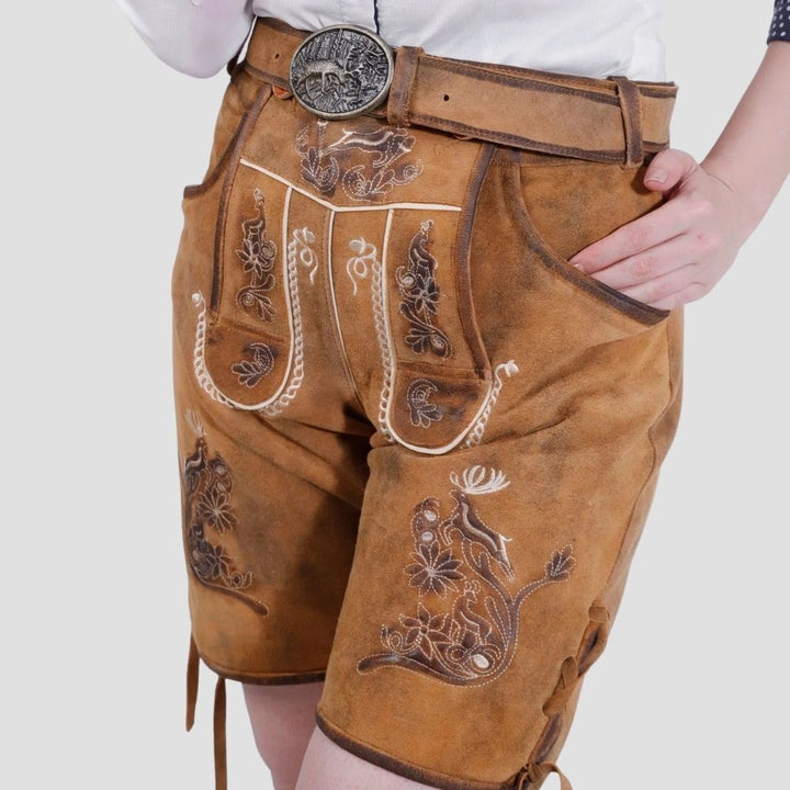 Achieve a flawless fit with these women’s authentic lederhosen, featuring side laces for adjustability. A blend of tradition and comfort for all-day wear.