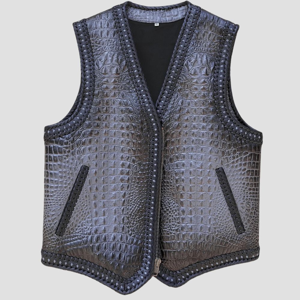 Unique gray crocodile embossed leather biker vest made from cowhide leather.