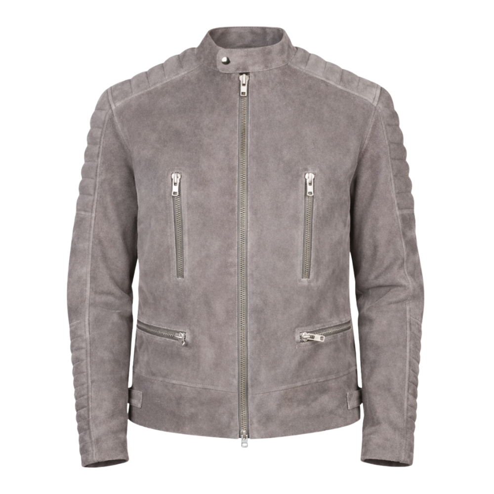 Gray suede biker jacket for men with motorcycle styling