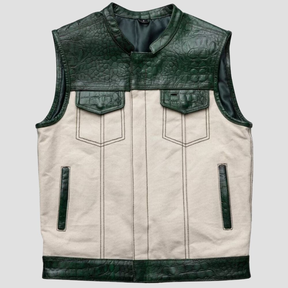 Premium green crocodile leather biker vest for men with cowhide leather outer.