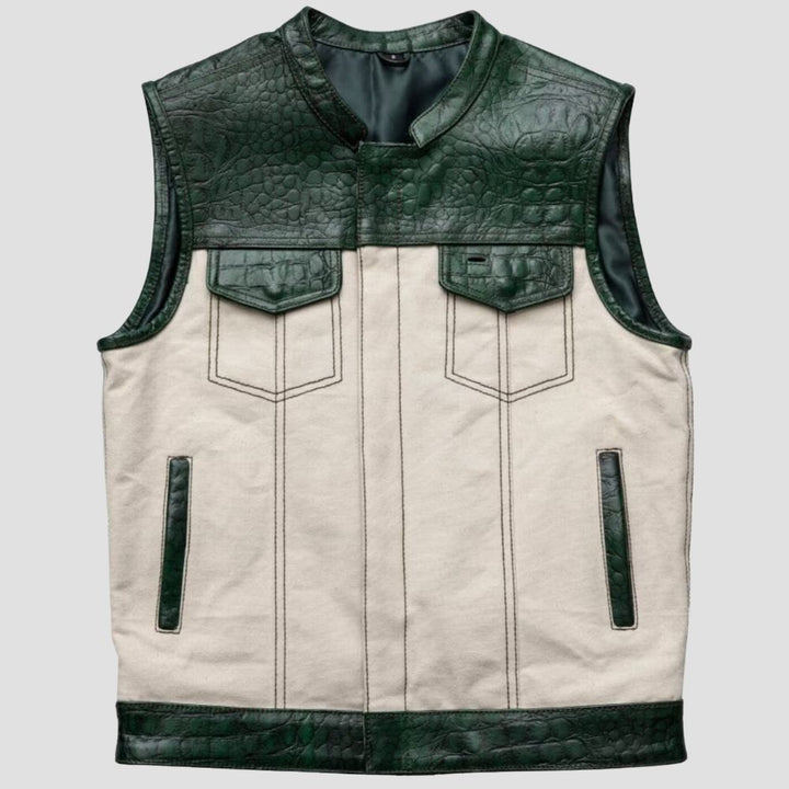Premium green crocodile leather biker vest for men with cowhide leather outer.