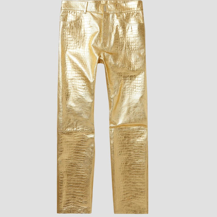 Premium sheepskin leather pants in golden color with crocodile embossing for luxury fashion.