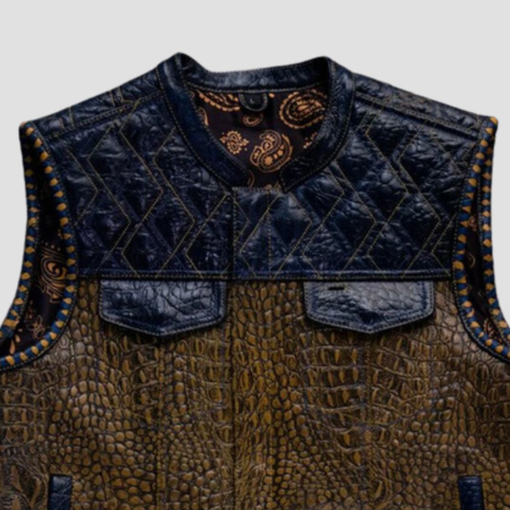 For bikers who crave a distinctive style, this crocodile pattern leather vest offers rugged durability and standout appeal.