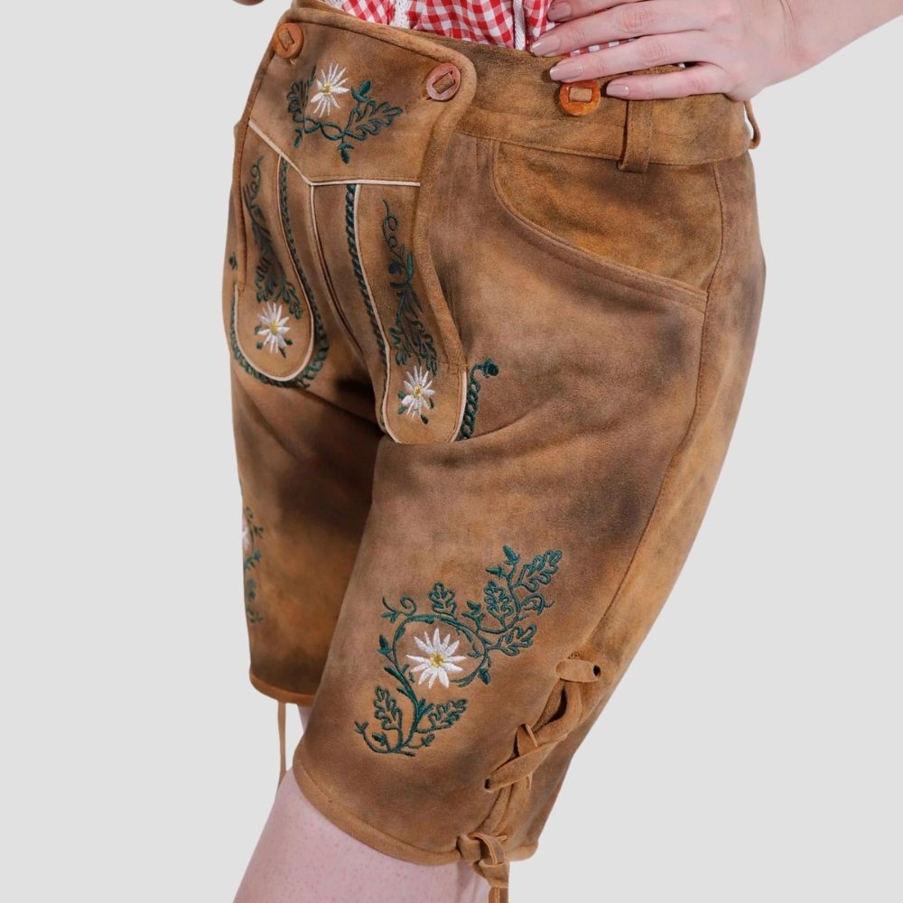 Shop these US Oktoberfest-ready women’s lederhosen. Combining traditional Bavarian design with modern comfort, they’re perfect for enjoying the festivities in style.