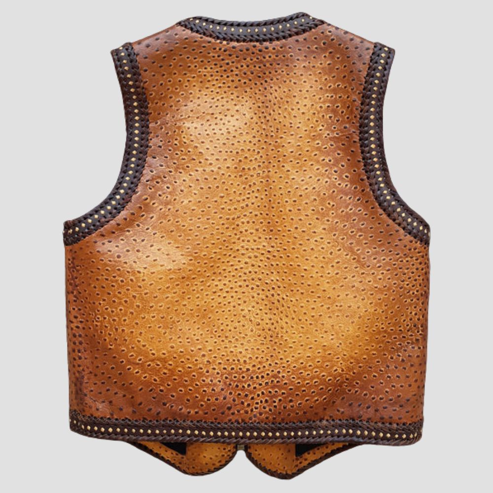 This ostrich leather biker vest combines high-end materials with bold design, perfect for those who want to make a statement on their ride.