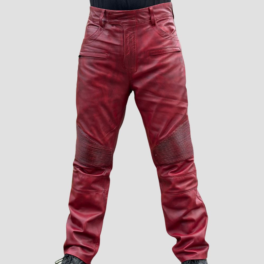 Stylish red leather biker pants for men, made from premium cow leather.