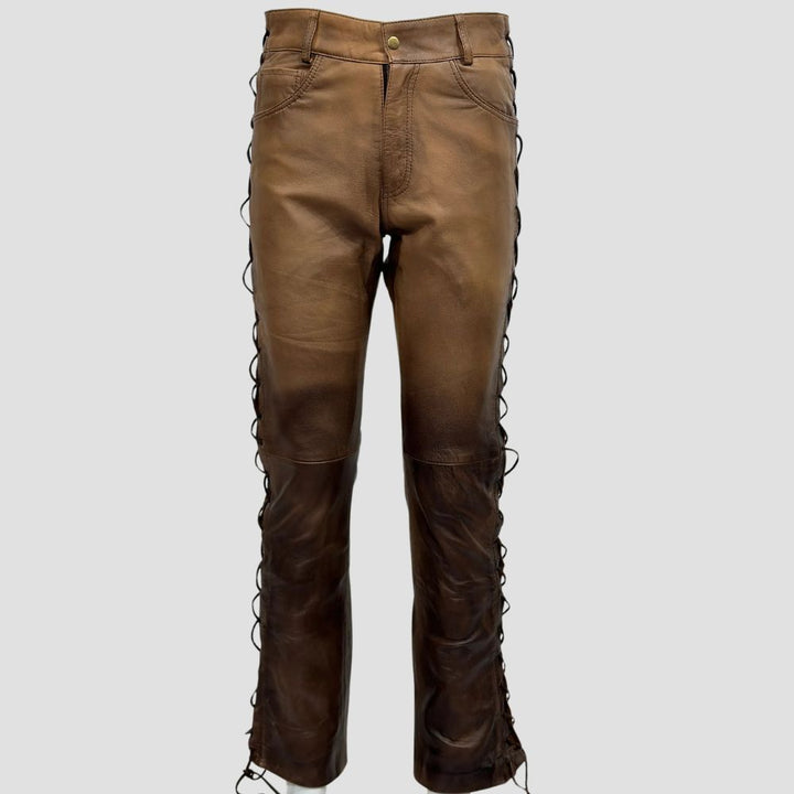 Luxury men’s wax leather pants for motorcycle riding with vintage distressed look