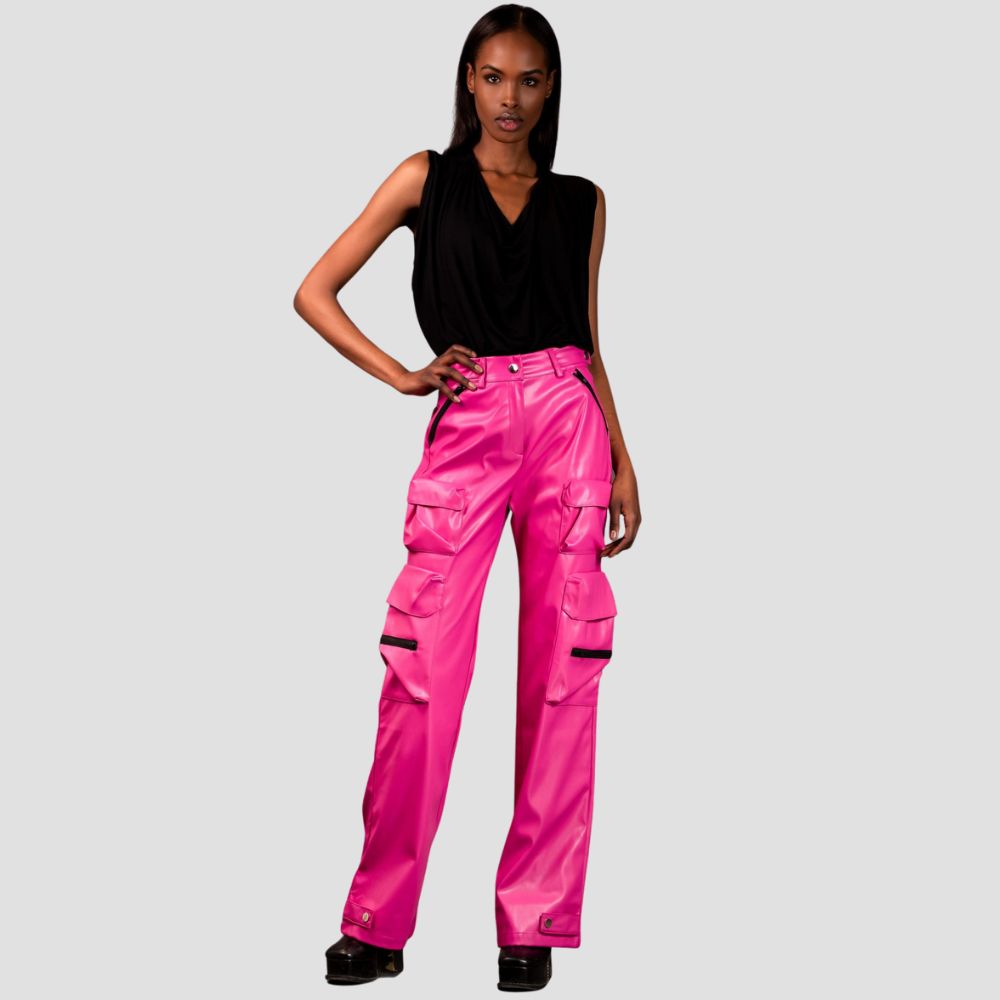 Add a pop of color to your wardrobe with these trendy pink leather cargo pants – perfect for any casual outing