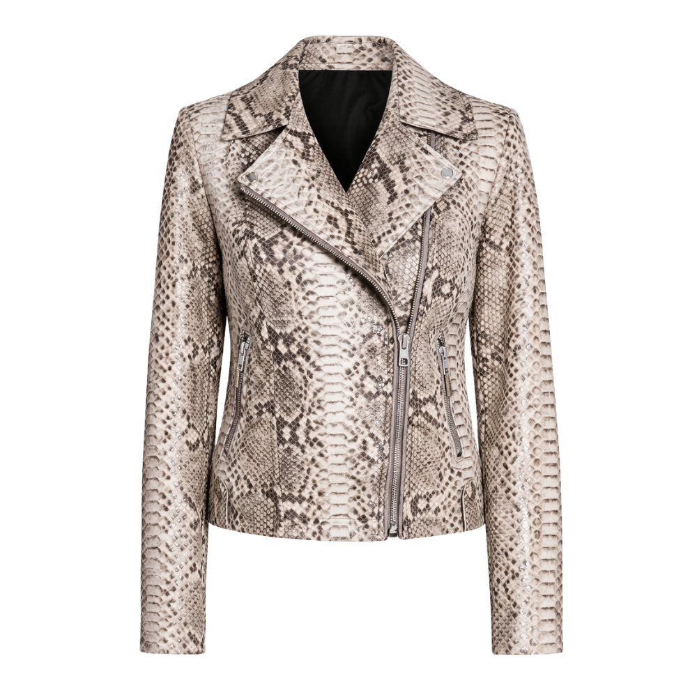 Ladies python pattern leather jacket with modern moto style