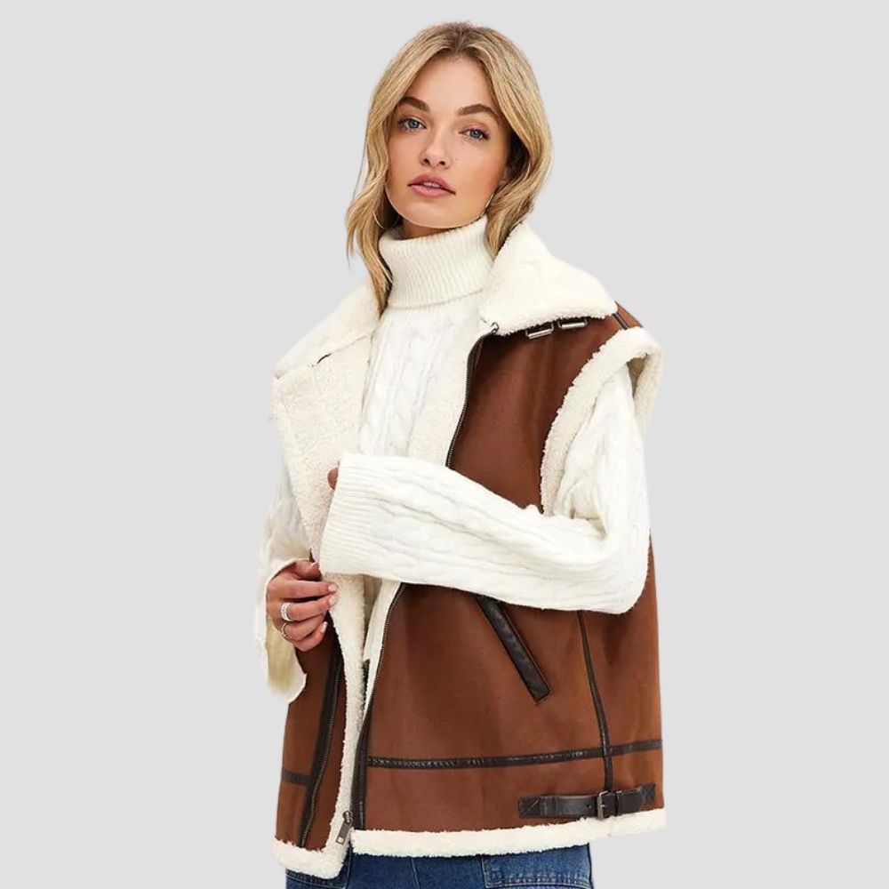 A soft leather shearling vest for women, combining warmth and style for the ultimate cozy yet chic look, perfect for colder days.