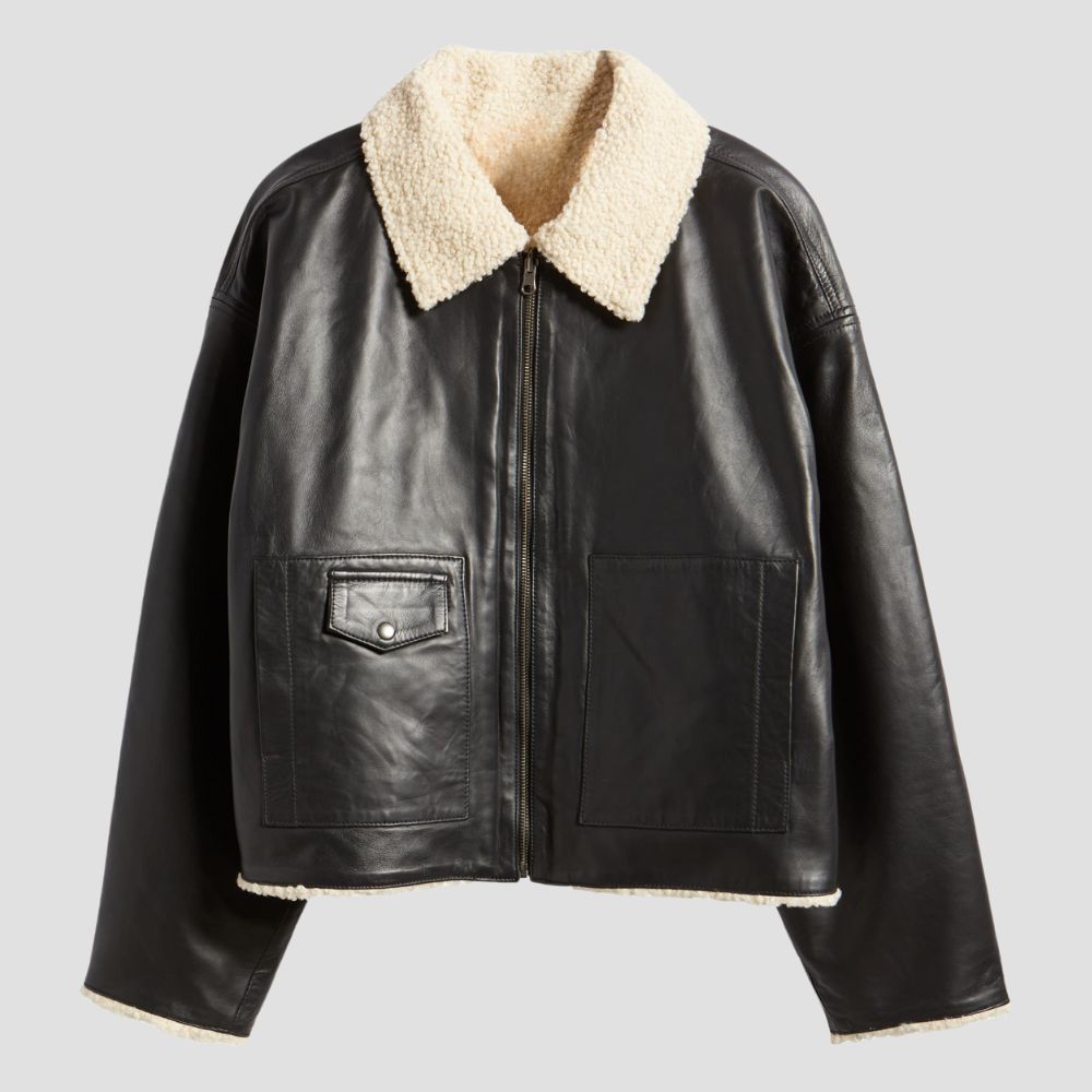 Shop soft shearling leather jackets for ladies, ideal for ultimate winter warmth. The high-quality leather and rich shearling lining make this jacket a stylish and functional winter essential.