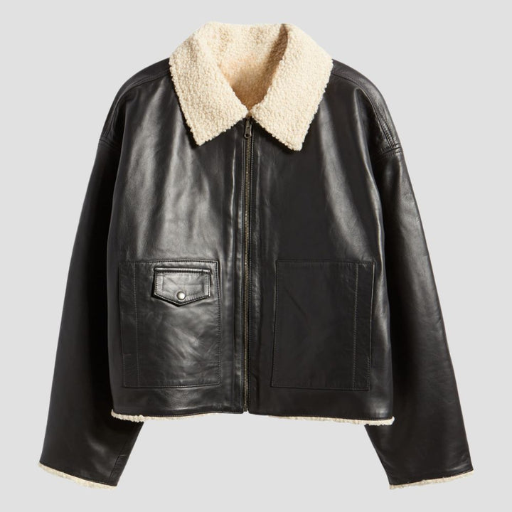 Shop soft shearling leather jackets for ladies, ideal for ultimate winter warmth. The high-quality leather and rich shearling lining make this jacket a stylish and functional winter essential.