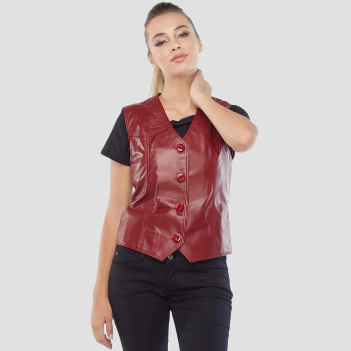 A stylish leather vest for women crafted from lightweight material, ideal for layering over casual outfits for a chic and easygoing look.