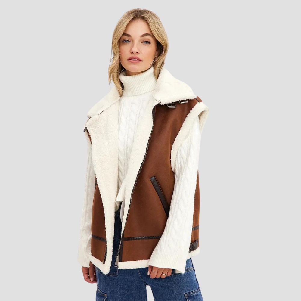 Women’s shearling leather vest, designed for warmth and style, offering a soft, luxurious feel perfect for layering in cooler weather.