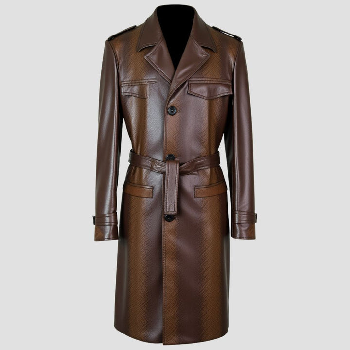 snakeskin pattern leather trench coat for men