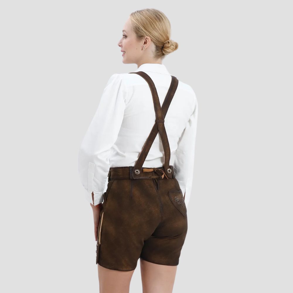 These affordable women’s lederhosen feature intricate floral embroidery, combining tradition and elegance. Perfect for festivals and cultural events.