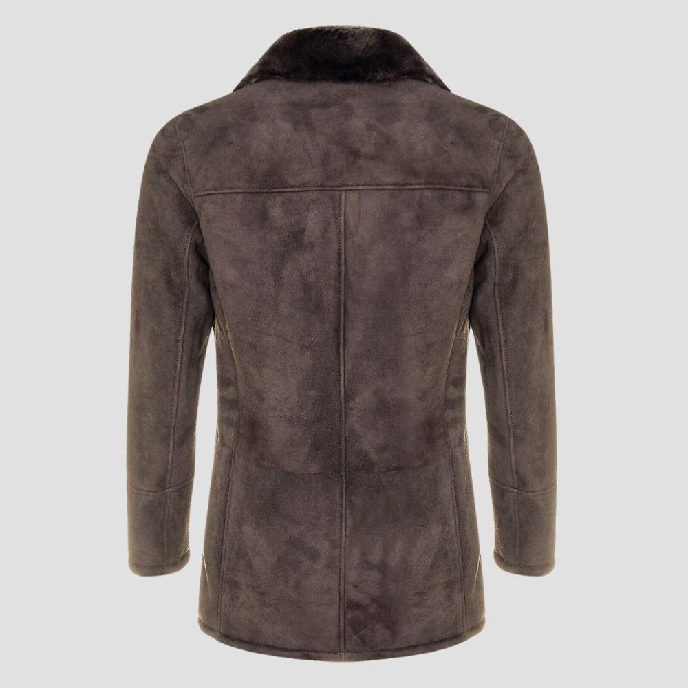 Brown suede leather coat with warm faux shearling lining.