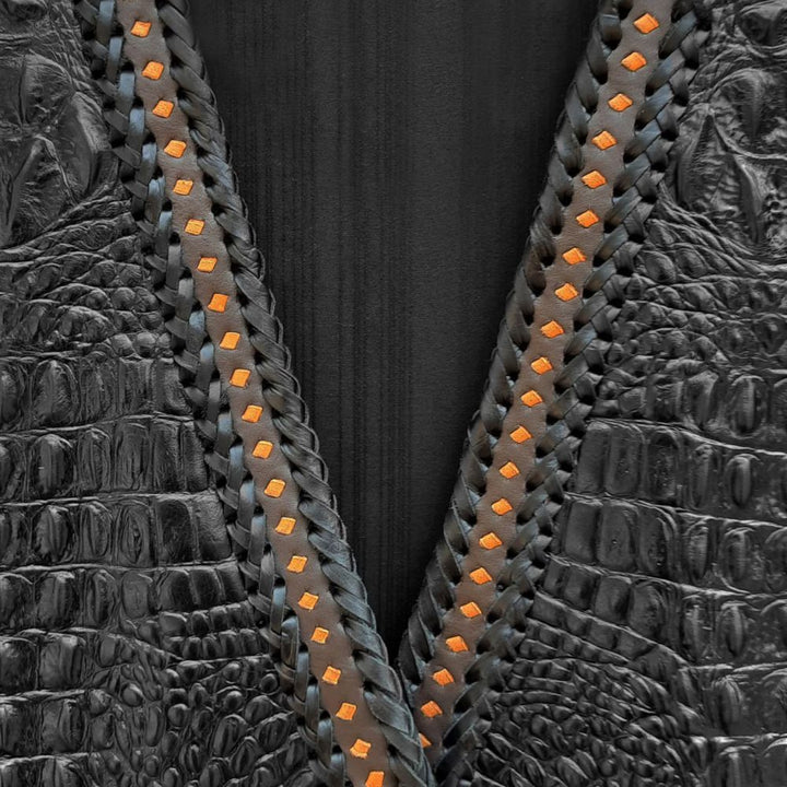 Bold black leather biker vest with crocodile texture, perfect for motorcycle riders