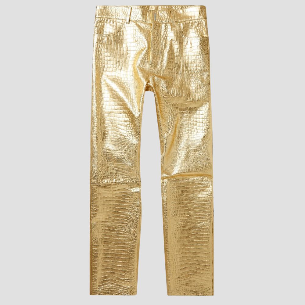 Stylish luxury crocodile embossed golden leather pants for men’s casual wear