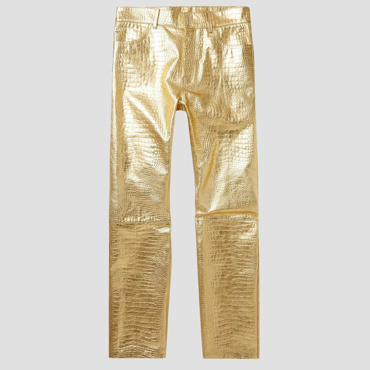 Stylish luxury crocodile embossed golden leather pants for men’s casual wear
