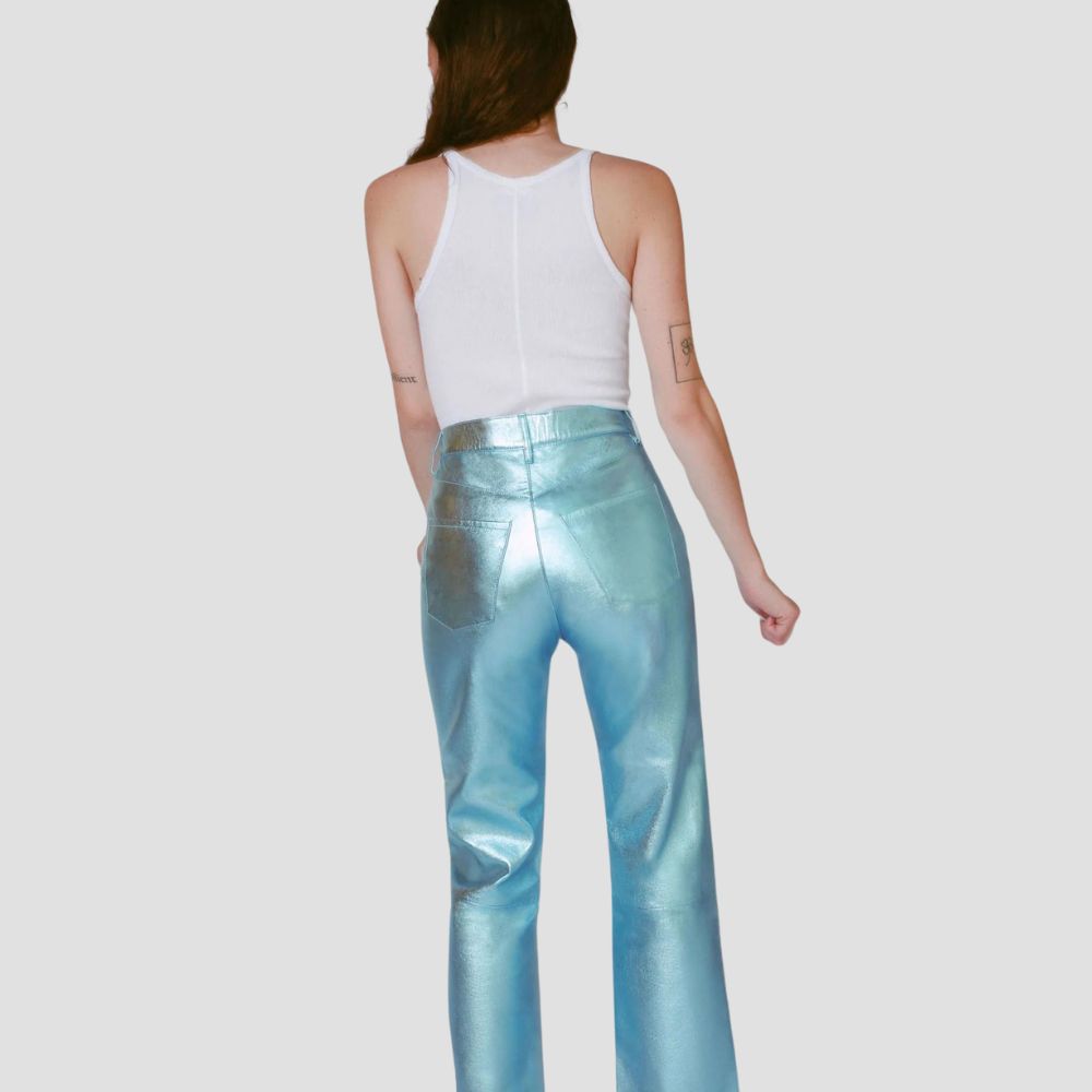 Elevate your wardrobe with these sleek and trendy metallic leather pants for women.