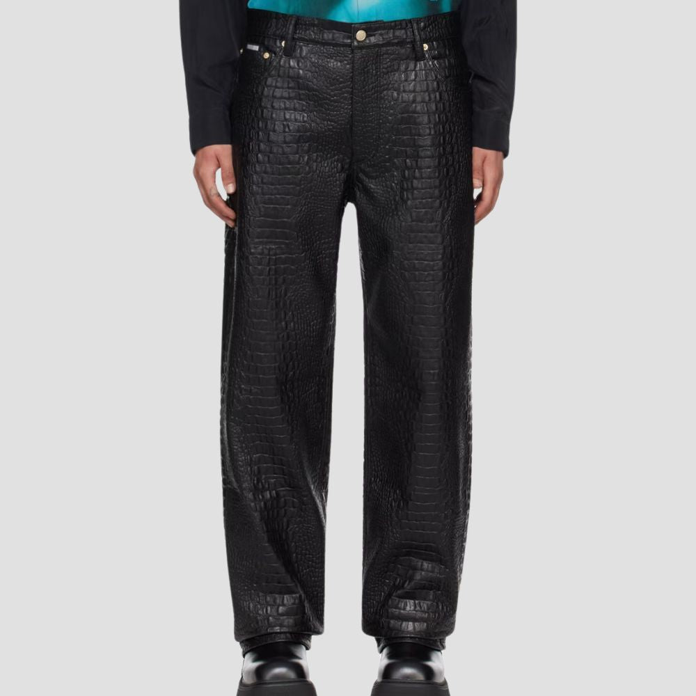 Stylish black crocodile leather pants for men, made from premium embossed leather.
