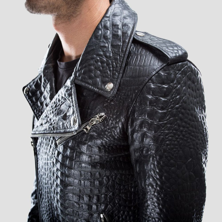 Men’s cowhide leather motorcycle jacket with crocodile texture.