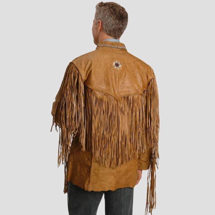 Men’s brown fringe leather jacket with soft polyester lining.