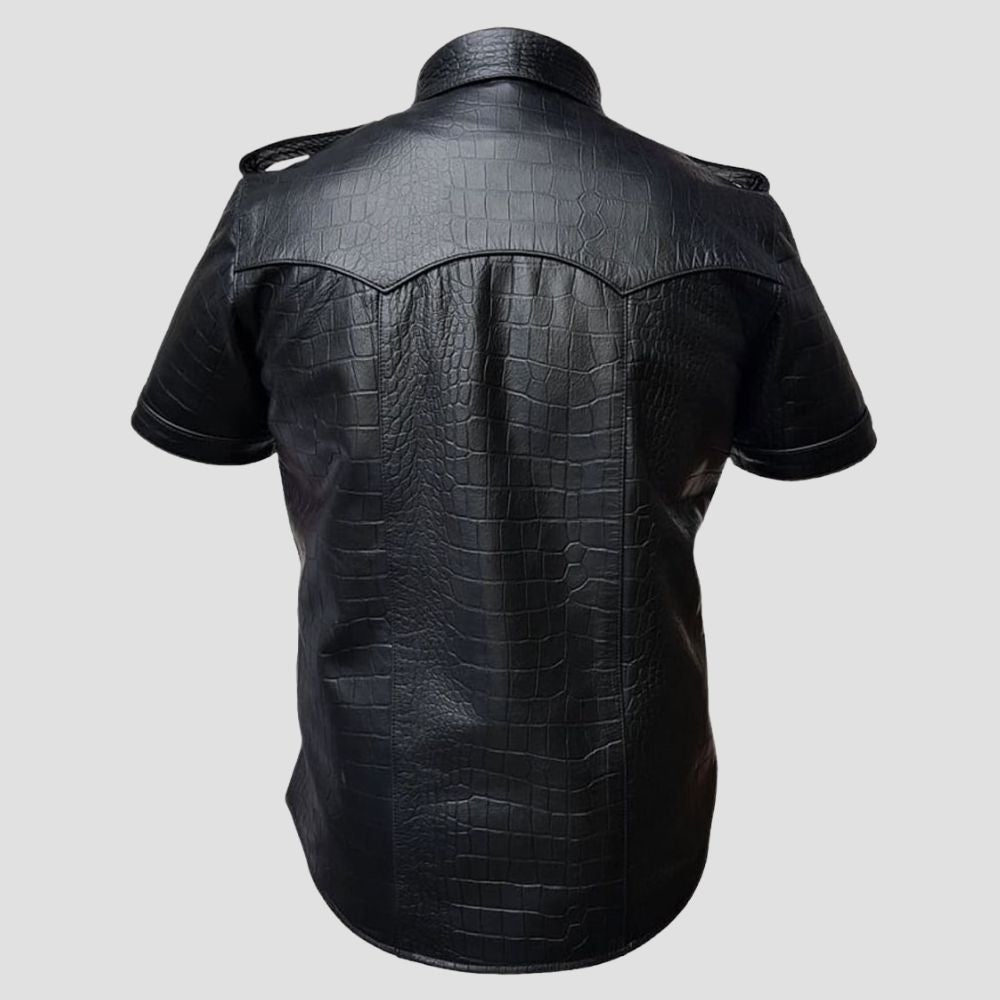 Black crocodile embossed leather shirt for men with a police uniform style.