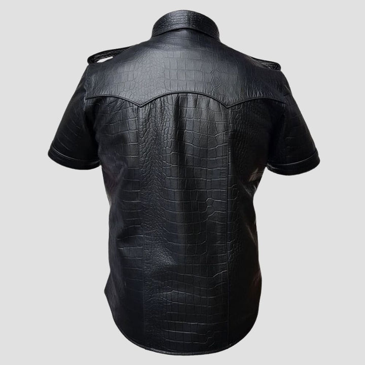 Black crocodile embossed leather shirt for men with a police uniform style.