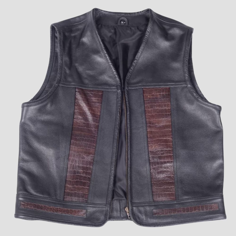 Men’s sleek biker style leather vest made from high-quality sheepskin leather.