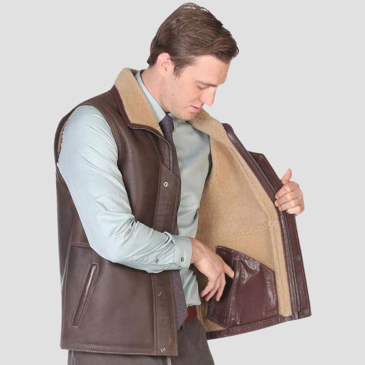 Stylish brown sheepskin fur-lined waistcoat for casual wear.