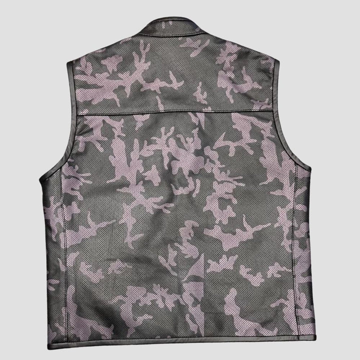 Biker style camouflage leather vest for men with polyester lining.