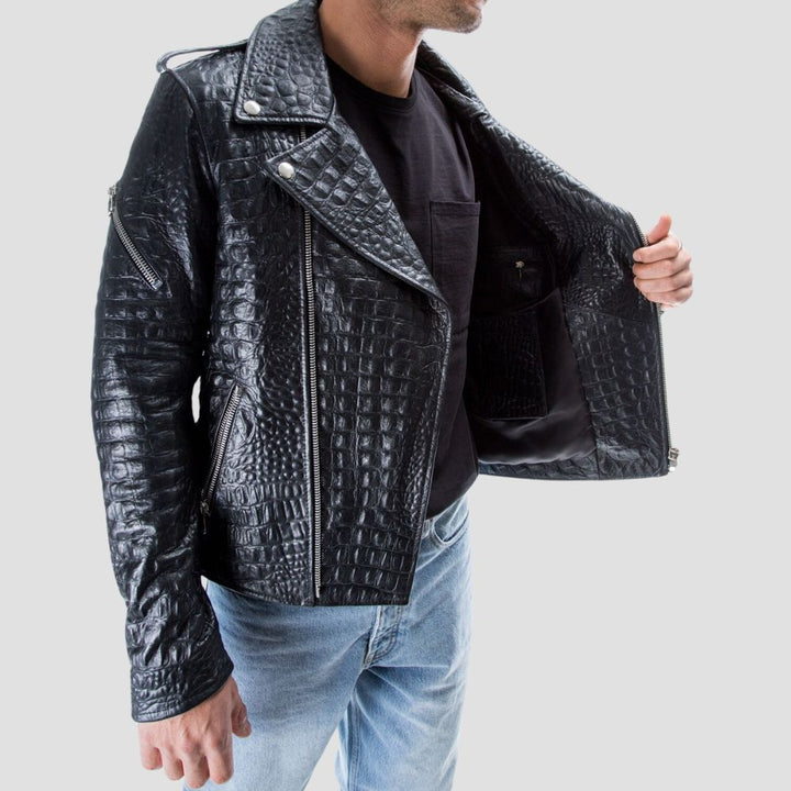 Rugged and stylish crocodile biker jacket for motorcycle riders.