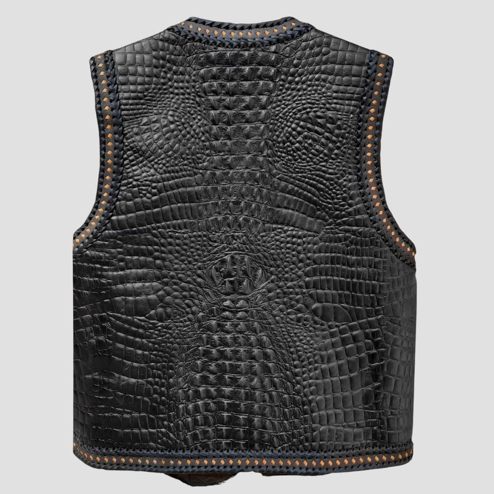 Men’s stylish black biker vest with crocodile-embossed cowhide leather and polyester lining.