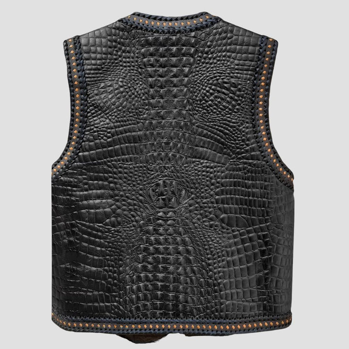 Men’s stylish black biker vest with crocodile-embossed cowhide leather and polyester lining.