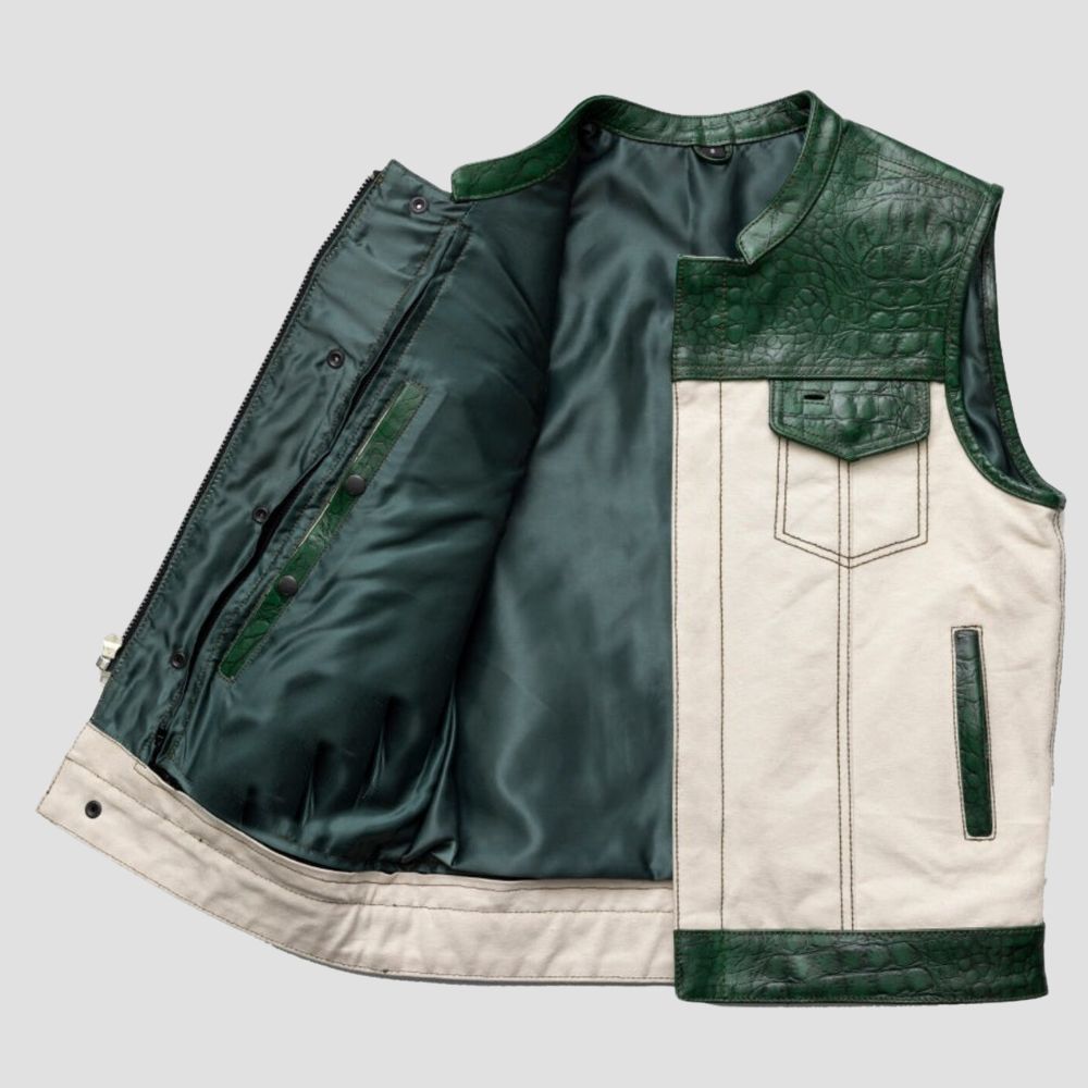 Men’s biker vest in green crocodile-embossed leather with polyester lining.