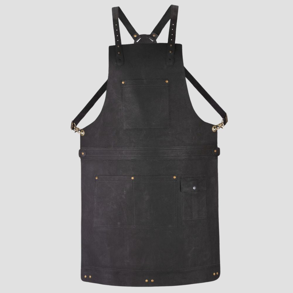 Genuine leather apron for men made of cow leather with adjustable straps.