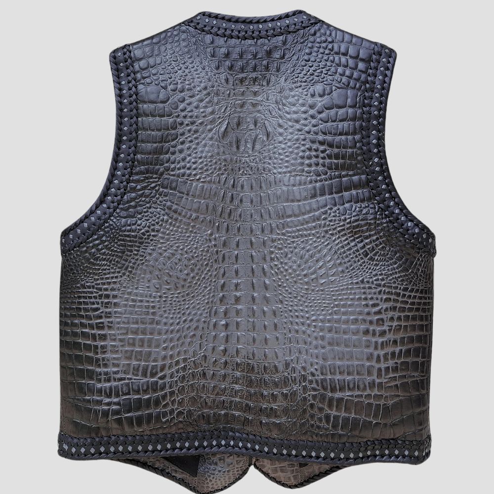 Men’s gray biker vest with crocodile embossing, crafted from premium cowhide leather.